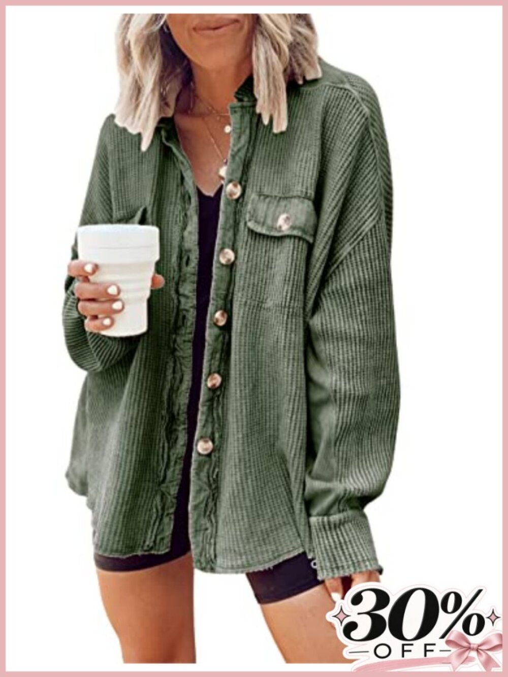 Waffle Knit Button Down Shacket Batwing Sleeve Oversized Top